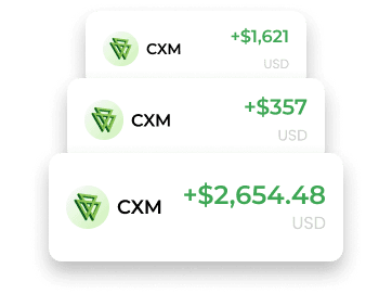 ประวัติธุรกรรมรีเบตของ CXM ที่แสดงการจ่ายเงินจำนวน $1,621, $357 และ $2,654.48