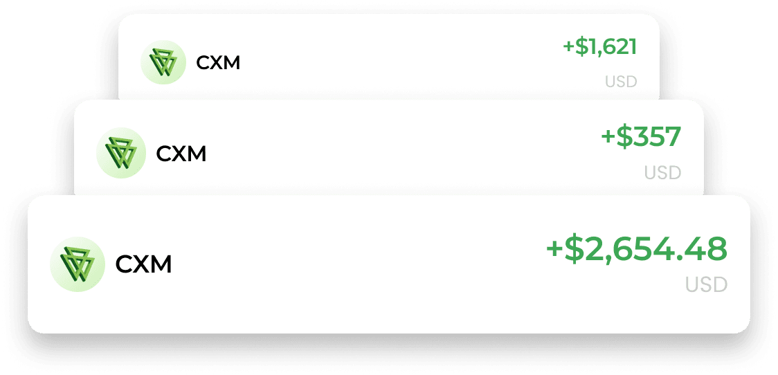 ประวัติธุรกรรมรีเบตของ CXM ที่แสดงการจ่ายเงินจำนวน $1,621, $357 และ $2,654.48