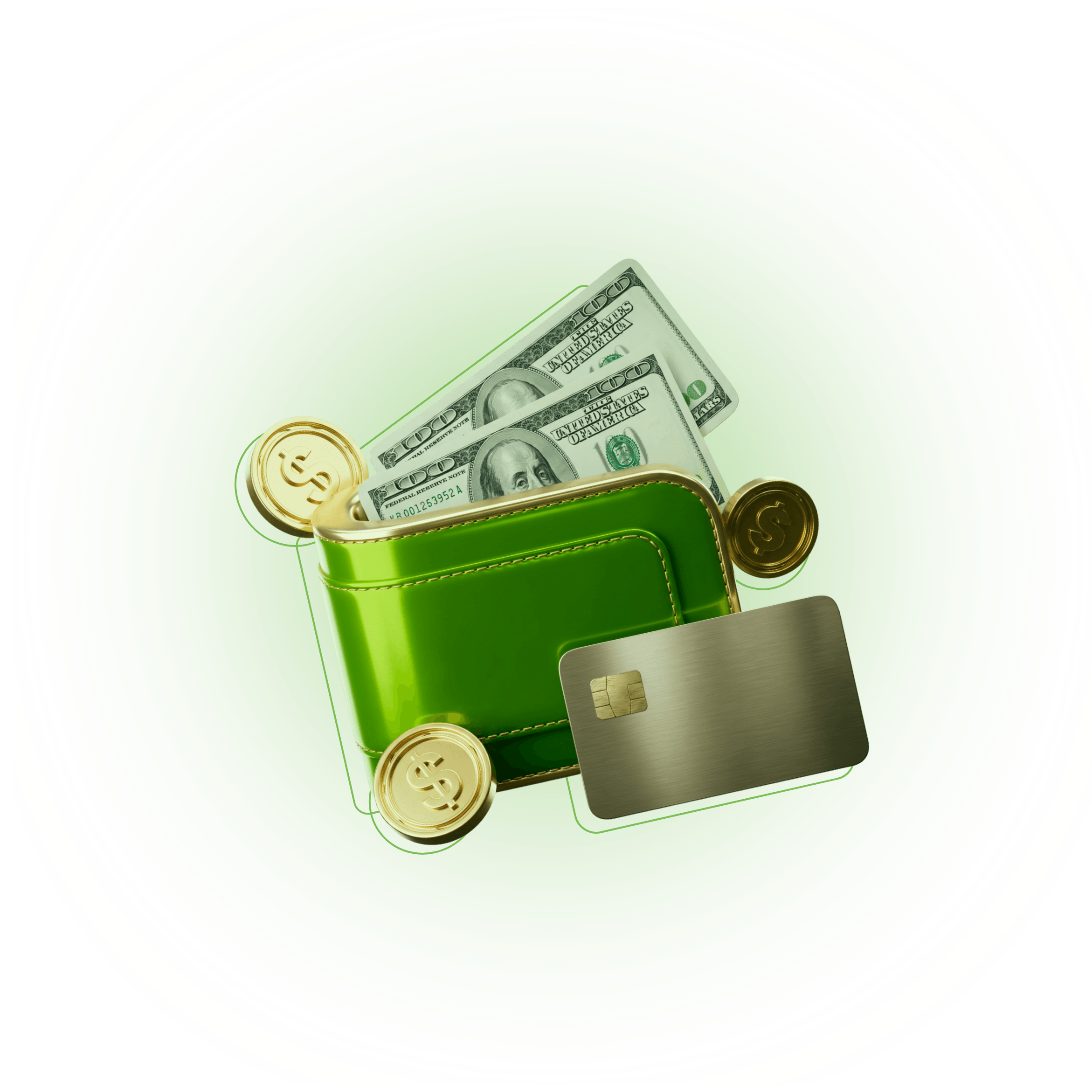 محفظة تحتوي على نقود وعملات معدنية وبطاقة ترمز إلى مكافآت CXM Earn